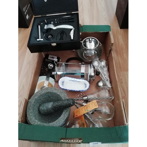 666 - Mixed Box of Kitchenware to include Pestle & Mortar, Cafetiere, Teapot, Glasses, etc