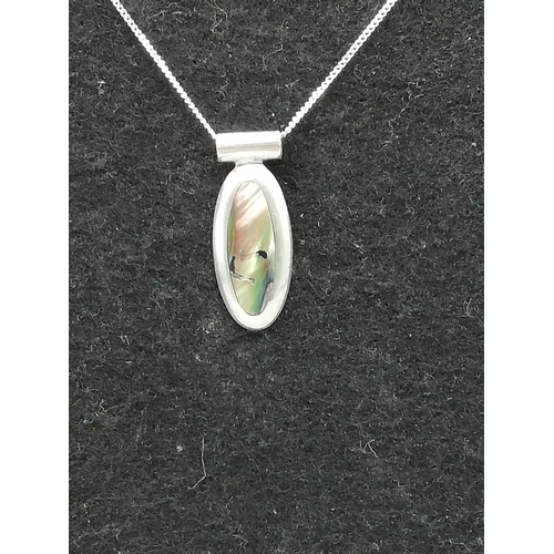 91 - Hallmarked Silver Mother of Pearl  Oval Pendant & Chain. - Boxed. (some damage).