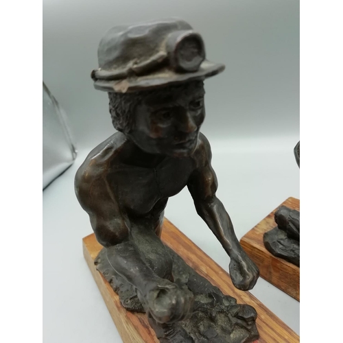 627 - Bronze Effect Miners on Plinths (2). 1 Missing Pick Axe and Chip to Hat