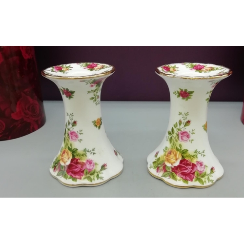 156 - 2 x Royal Albert Candlesticks in the 'Old Country Roses' Pattern - Boxed.