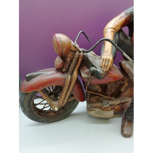 159 - Large Resin Old School Biker on Motor Bike. 34cm High, 47cm Long.