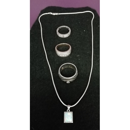 211 - Silver Rings (3), Silver Necklace with Opal Pendant plus Bracelets (2).