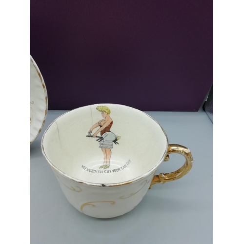 304 - Victorian Cup and Saucer with Comical Scenes. A/F