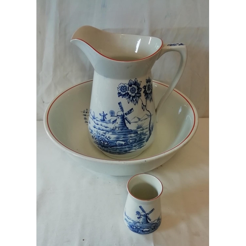 43 - Large 29cm Jug and 37cm Diameter Bowl plus Brush Holder in the 'Smugglers Mill' Pattern. (3)