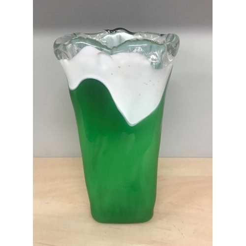 448 - Heavy 20cm Green Glass Vase.