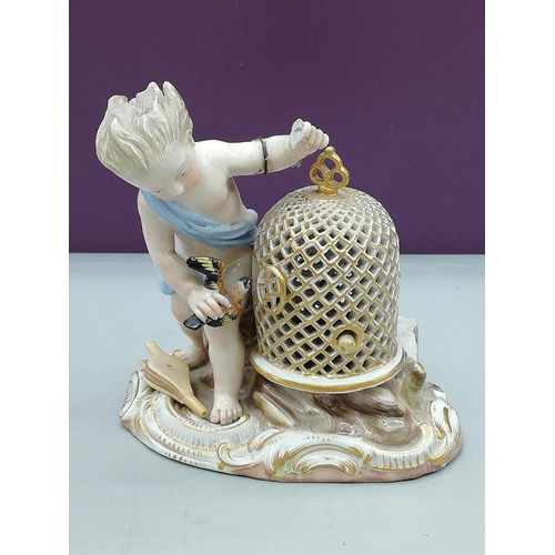 6 - Meissen c1880-1890 'Je Les Enflamme' Figurine (Finger Missing) plus Boy with Birds Figurine. (With D... 