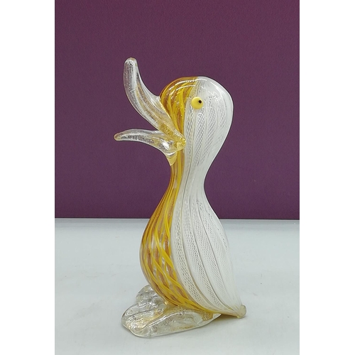 710 - Vintage Murano Glass Duck in a Candy Cane White, Gold and Amber Pattern.