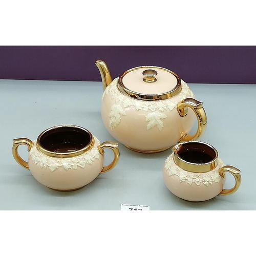 712 - Gibsons Teapot, Sugar and Jug in Pink Colourway with Relief Moulding.