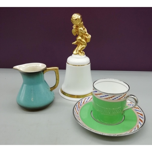 720 - Spode Coffee Can and Saucer, Royal Doulton Bell plus Carlton Ware Vert Jug.