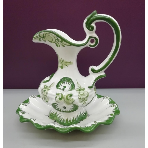 727 - Green & White 20cm Jug and Bowl.