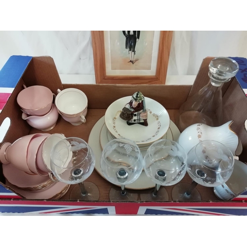 188 - Box of Assorted Items including Scottish Pottery 'Ghillie' Figure, Decanter & Glasses, Wall Hanging,... 