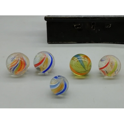 210 - Victorian Glass Multi Coloured Swirl Marbles (15) plus 4 Other Marbles in Tin. All proceeds from thi... 