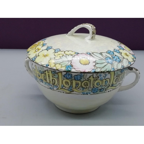 248 - Hand Painted Lidded Soup Bowl with Saucer. Motto around the Saucer reads 'Bon Voyage to Betty Lowe f... 