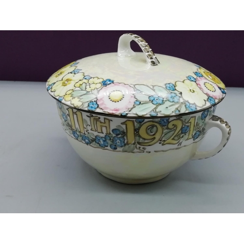 248 - Hand Painted Lidded Soup Bowl with Saucer. Motto around the Saucer reads 'Bon Voyage to Betty Lowe f... 