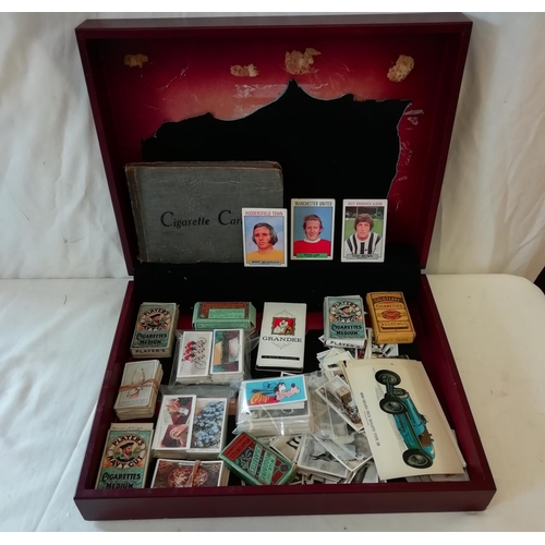 27 - Wooden Box of Cigarette Cards, Postcards, etc.