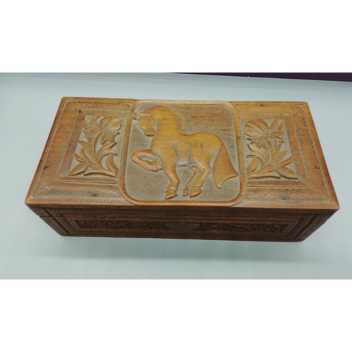 29 - Wooden Carved Box with Horse Scene by Diana. 26cm x 13cm x 18cm.