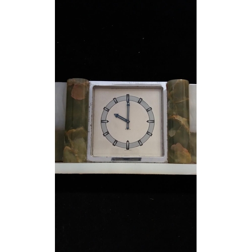 361 - Onyx Deco Mantle Clock. 12cm High, 32cm Long.