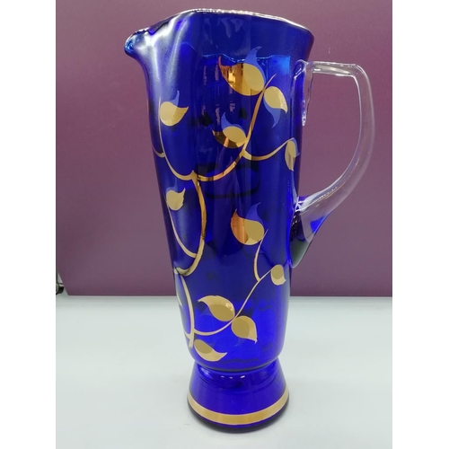 370 - Blue and Gold Glass Water/Lemonade/ Jug. 30cm High.