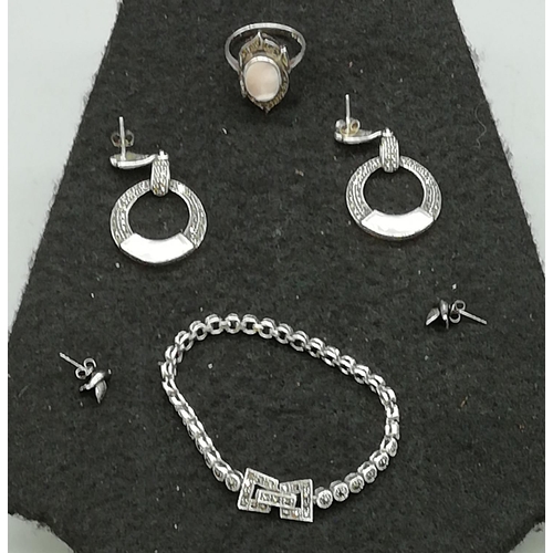 415 - Marcasite and Silver Ring, Bracelet and Earrings (2 Pairs).