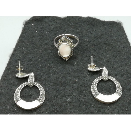 415 - Marcasite and Silver Ring, Bracelet and Earrings (2 Pairs).