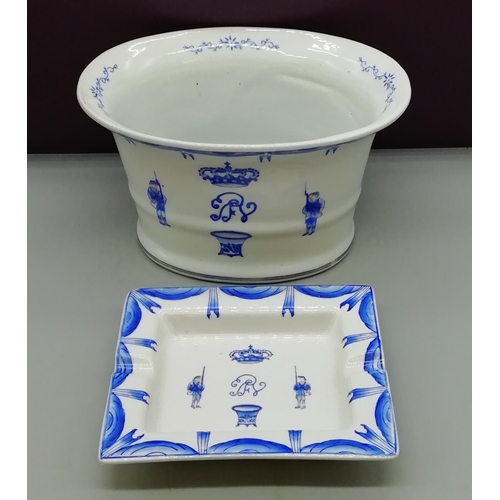 448 - Blue and White Pottery Planter and Cigar Tray decorated with Crest of Arms and Soldiers. Possibly Fr... 