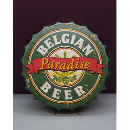 498 - Belgian Beer/Starbucks Coffee Tin Bottle Top. 30cm Diameter.