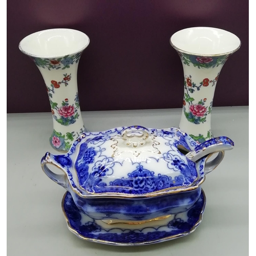 540 - Whieldon Ware 17cm Vases (2) plus Lonsdale 22cm Tureen, Stand and Ladle.