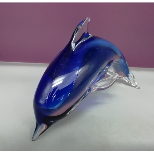 611 - Large Glass Dolphin. 14cm High, 25cm Long.