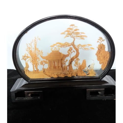 53 - Chinese Cork Diorama in Lacquered Case. 16cm High, 21cm Long.