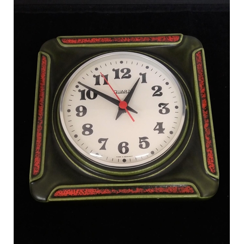 100A - West German Pottery Fat Lava Wall Clock. W/O. 23cm Square.