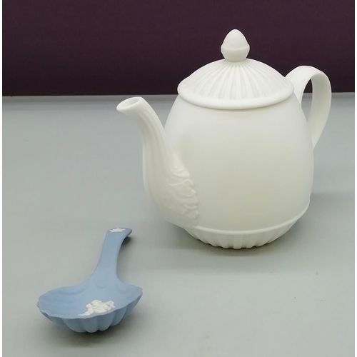 104 - Wedgwood Orange Blossom Mini Teapot/Candle Holder 9cm High plus Jasper Caddy Spoon.