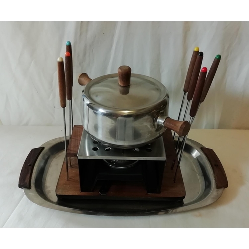 105A - Retro Stainless Steel/Wood Fondue Set.