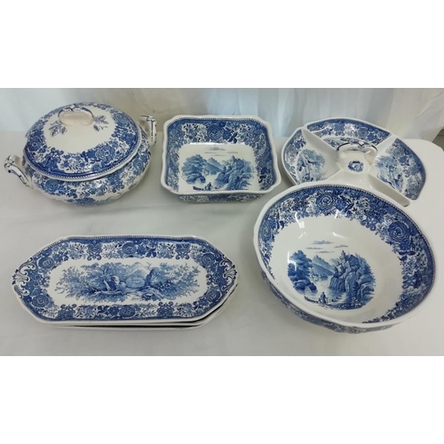 112 - Villeroy & Boch 'Bergenland' Blue and White Tureen, Hors d'Oeuvres Dish, 3 Trays, Fruit Bowl (Small ... 