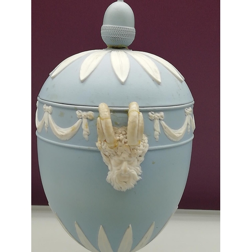 138 - Wedgwood Jasper Small Pedestal Lidded Urn/Vase. A/F - Handles and Finial have been re-attached and N... 