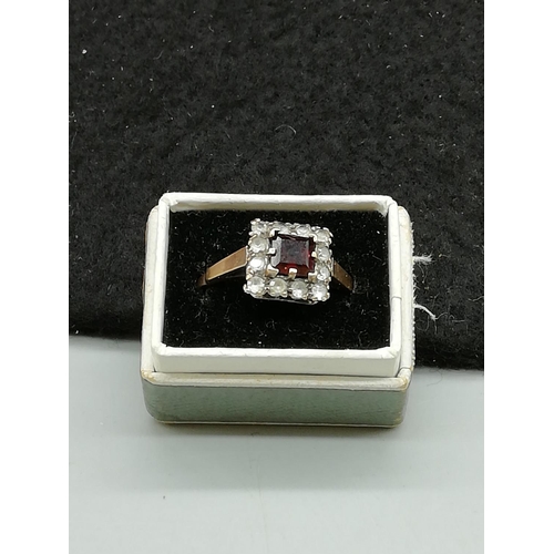 170 - Antique 9ct Gold Ring with Square Ruby and Clear Stones.