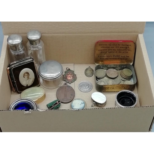 201 - Box of Jars, Coins, Medallions, etc.