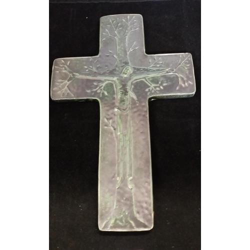 215A - Large 36cm Mid Century German Pottery Crucifix Wall Plaque. 36cm x 24cm.