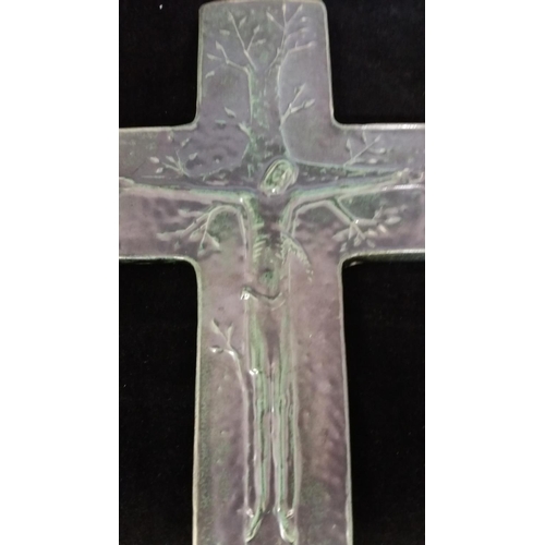 215A - Large 36cm Mid Century German Pottery Crucifix Wall Plaque. 36cm x 24cm.