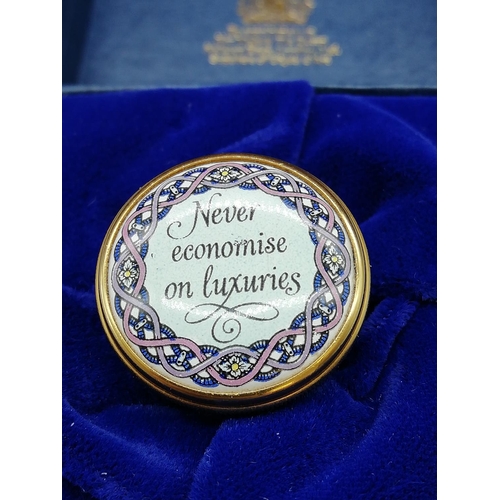 237 - Halcyon Enamel Pill Box 'Never Economise on Luxuries' with Original Box.