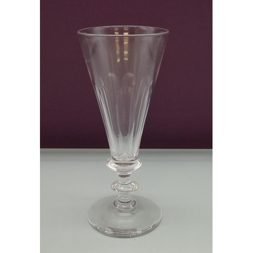 258 - Late Georgian Hand Blown, Double Knopped, Panel Cut Wine Flute. 15cm High.