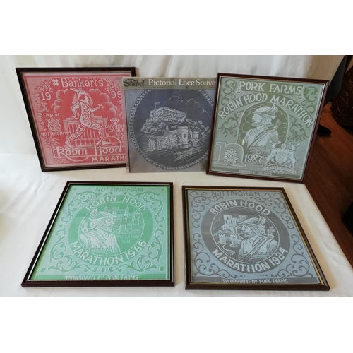 263 - Framed and Glazed 32.5cm Square Nottingham Lace Pictures (4) plus 1 Other Nottingham Lace Item.