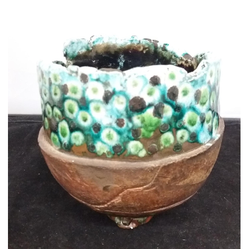 297 - Unusual Fused Raku Studio Pottery and Art Glass 10cm Vase