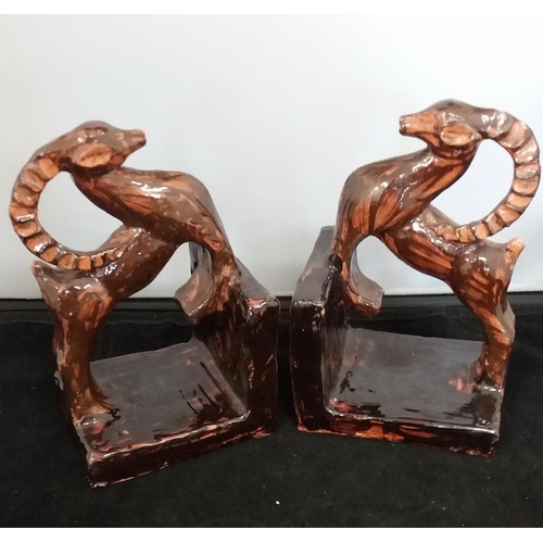 302 - Antique c1920s German Art Deco Terracotta Antelope Bookends. Monogrammed MW. 16cm High, 10cm Wide.