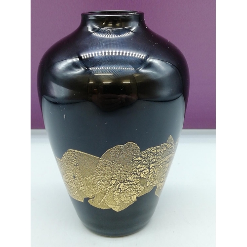 303 - Stuart Strathearn Art Glass Black Vase with Gold Leaf. c1980s. 14cm High.