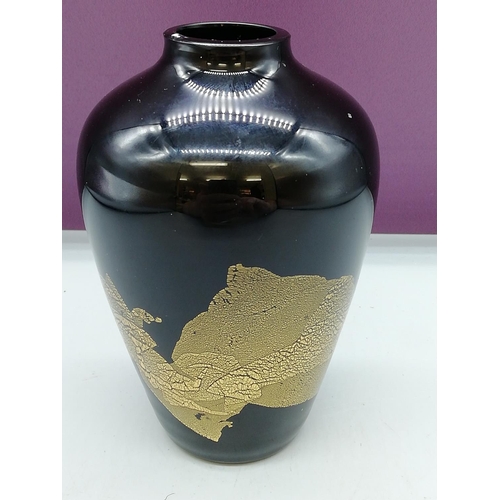 303 - Stuart Strathearn Art Glass Black Vase with Gold Leaf. c1980s. 14cm High.