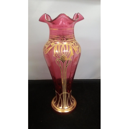307 - c1900 Bohemian Art Nouveau Cranberry Blown Glass Fluted 34cm Vase. Nibbles to Rim.