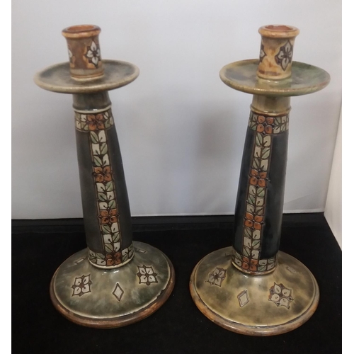 310 - c1920s Large 30cm Pair of Doulton Lambeth Art Deco Candlesticks. Designed by Wiliam Rowe and Decorat... 