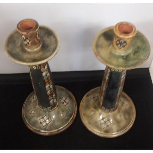 310 - c1920s Large 30cm Pair of Doulton Lambeth Art Deco Candlesticks. Designed by Wiliam Rowe and Decorat... 