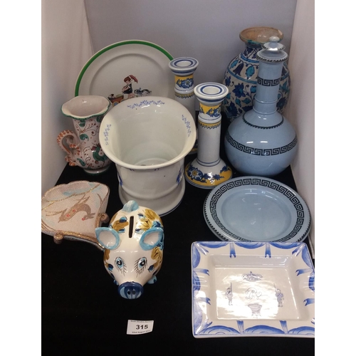 315 - Collection of Pottery including Italian Pottery, Blue and White Planter & Cigar Tray, Vase/Carafe wi... 