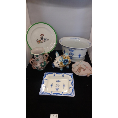 315 - Collection of Pottery including Italian Pottery, Blue and White Planter & Cigar Tray, Vase/Carafe wi... 